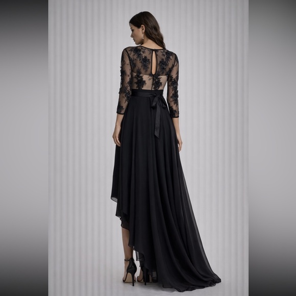 Black High-Low Lace Appliqué long sleeve Evening Dress - Picture 4 of 10